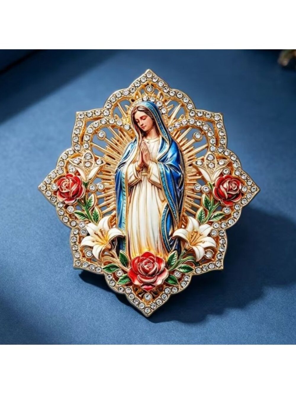 Virgin Mary Religious Brooch With Printed Enamel and Clear Crystal Accents Gold